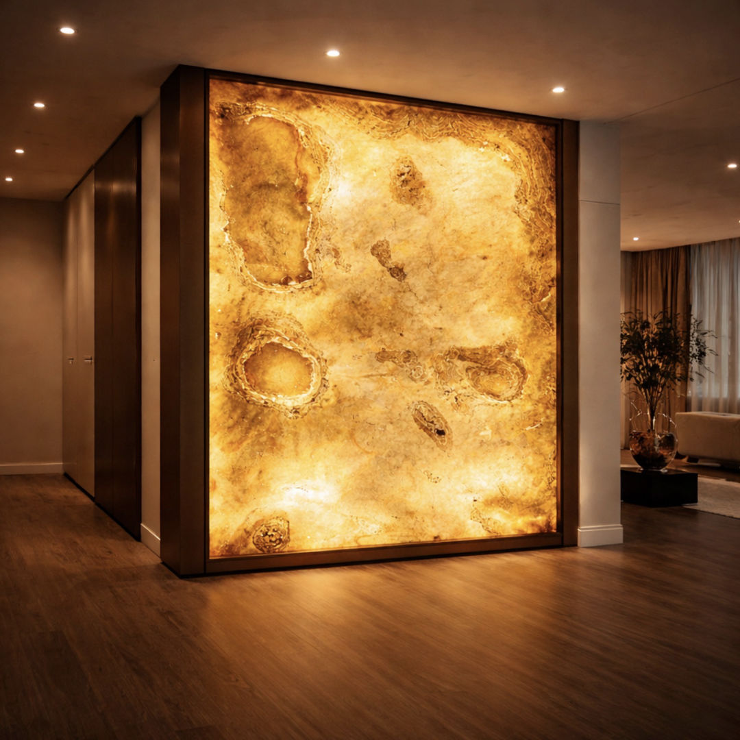Rénovation intérieur | Mur lumineux en feuille de pierre translucide structurant un espace intérieur avec éclairage intégré